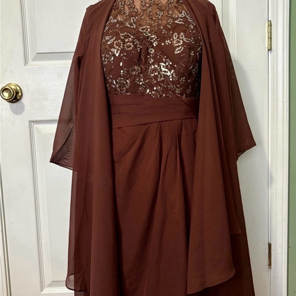 Elegant Brown Embroidered Evening Dress with Shawl